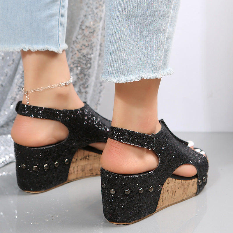 Orthopedic Balance Summer Chunky Heel Sandals With Sequins And Velcro