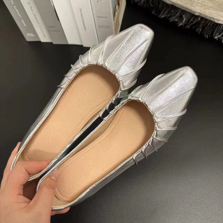 Orthopedic Balance Women’s Metallic Pleated Flats – Elegant Pointed Toe Comfort Shoes