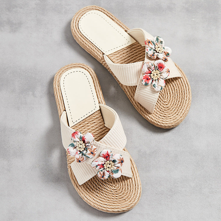 Orthopedic Balance Floral Rhinestone Raffia Slide Sandals