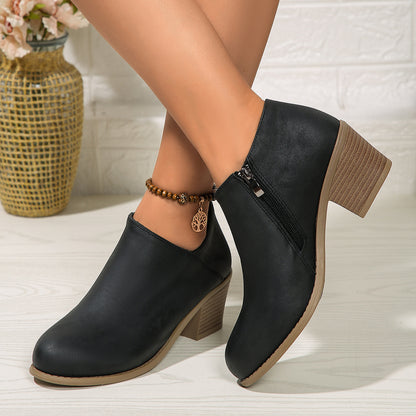 Rona | Chunky Heel Round Toe Ankle Boots With Side Zipper