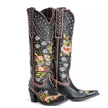 Orthopedic Balance Floral Blue Studded Pointed Toe Boots