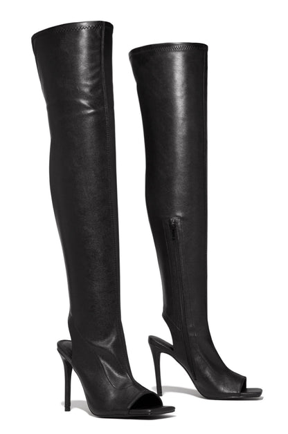 Qamar | Nude Faux Leather Peep-Toe Thigh-High Stiletto Boots