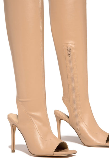 Qamar | Nude Faux Leather Peep-Toe Thigh-High Stiletto Boots