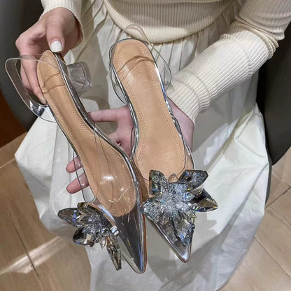 Orthopedic Balance Rhinestone Butterfly Pointed Toe Slingback Heels