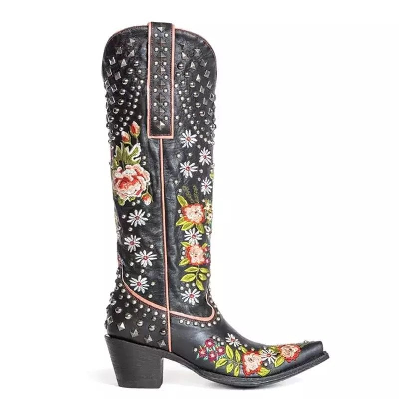 Orthopedic Balance Floral Blue Studded Pointed Toe Boots