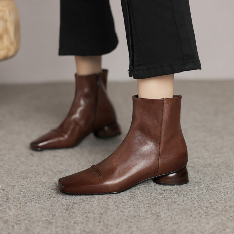 Orthopedic Balance Cowhide Boots - Square Toe, Side Zipper