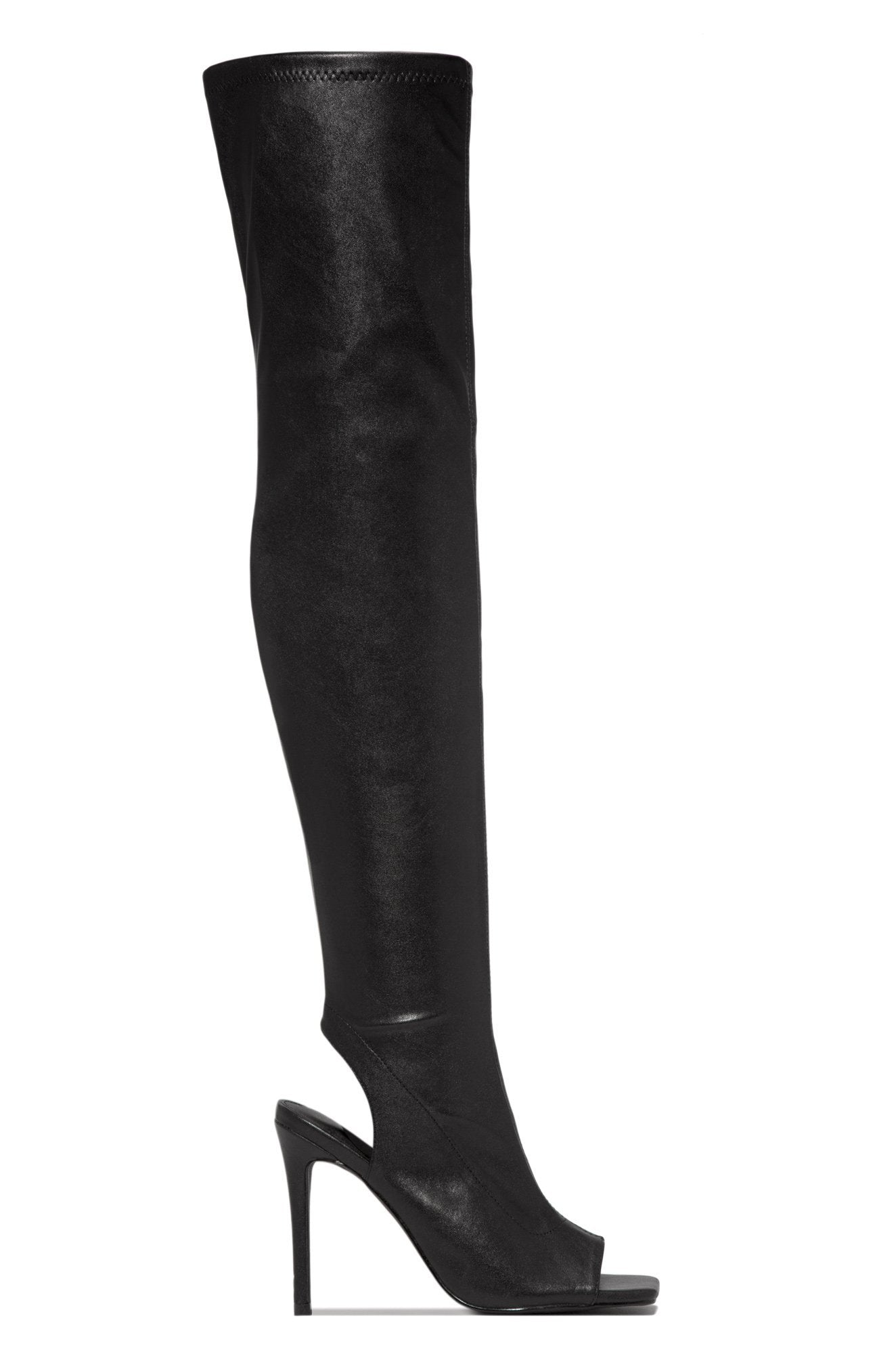 Qamar | Nude Faux Leather Peep-Toe Thigh-High Stiletto Boots