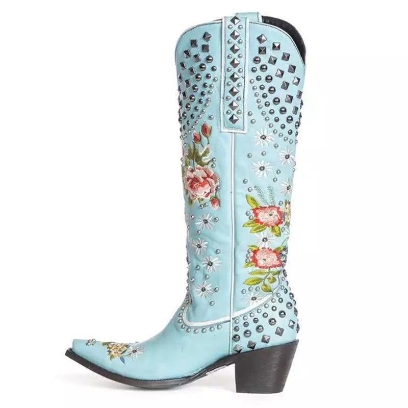 Orthopedic Balance Floral Blue Studded Pointed Toe Boots