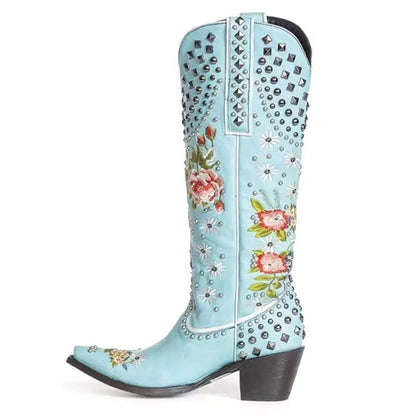 Orthopedic Balance Floral Blue Studded Pointed Toe Boots
