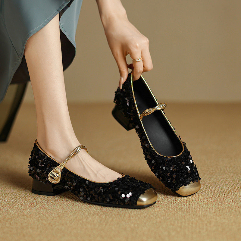 Orthopedic Balance Low-Heeled Sequined Mary Jane Shoes