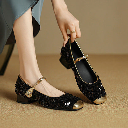 Orthopedic Balance Low-Heeled Sequined Mary Jane Shoes