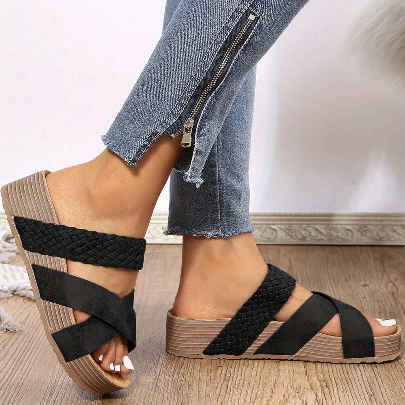 Caitlin | Woven Platform Sandals – Cross-Strap Slip-On Comfort