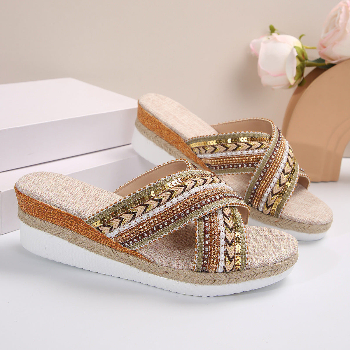 Orthopedic Balance Ethnic Linen Heeled Sandals - Unique And...