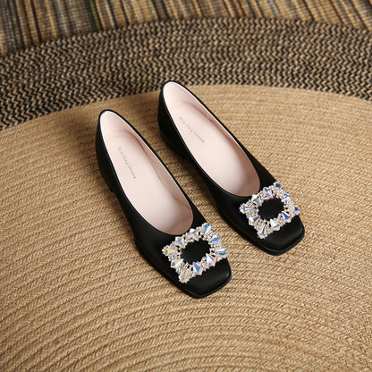 Orthopedic Balance Women’s Elegant Square Toe Flats – Comfort Dress Shoes with Crystal Buckle