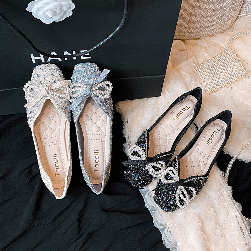 Orthopedic Balance Square Toe Flats - Rhinestone Pearl Detail