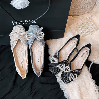 Orthopedic Balance Square Toe Flats - Rhinestone Pearl Detail