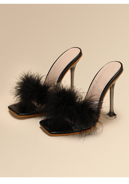 Orthopedic Balance Crystal And Fur Stiletto Heel Sandals