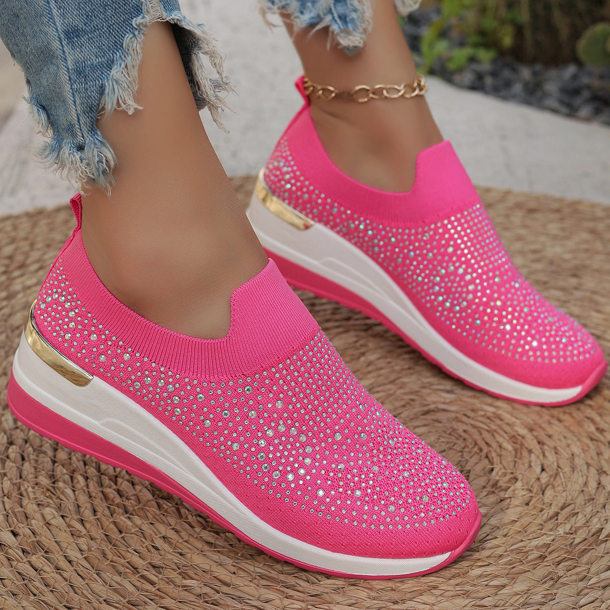 Orthopedic Balance Rhinestone Slip-On Sneakers – Sparkly Lightweight Walking Shoes