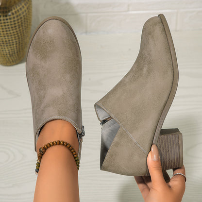 Rona | Chunky Heel Round Toe Ankle Boots With Side Zipper