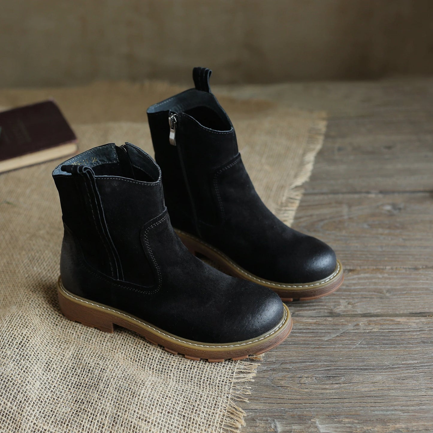 Oaklyn | Rustic Suede Side-Zip Lug-Sole Ankle Boots