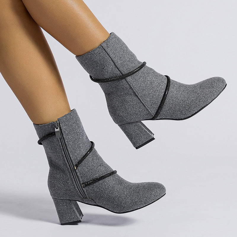 Orthopedic Balance Mid-Heel Boots With Rhinestone Chain - Unique And Elegant