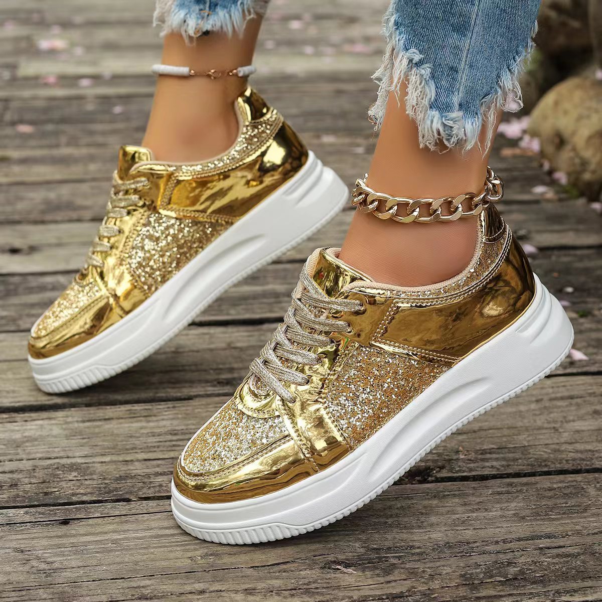 Orthopedic Balance Unique Sequined Lace-Up Flat Shoes
