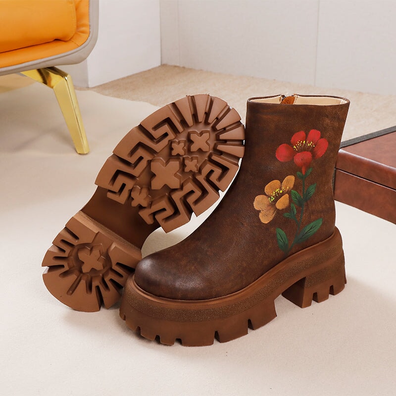 Leia | Women’s Floral Embroidered Orthopedic Chunky Ankle Boots