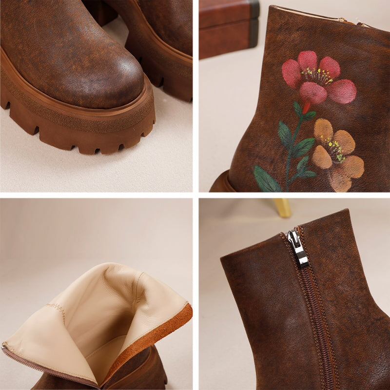 Leia | Women’s Floral Embroidered Orthopedic Chunky Ankle Boots