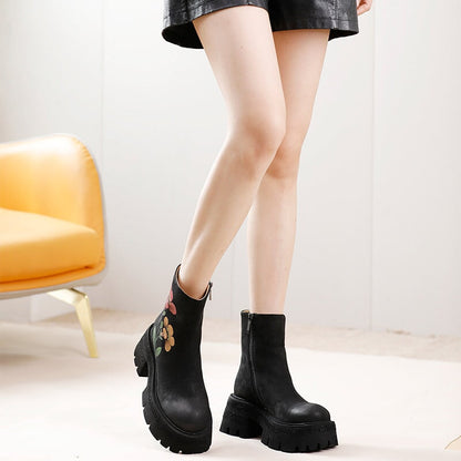 Leia | Women’s Floral Embroidered Orthopedic Chunky Ankle Boots