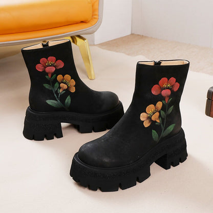 Leia | Women’s Floral Embroidered Orthopedic Chunky Ankle Boots