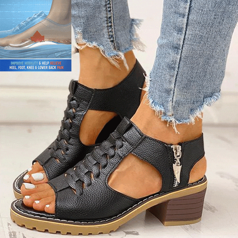 Haisley | Cut-Out Leather Sandals with Low Block Heel