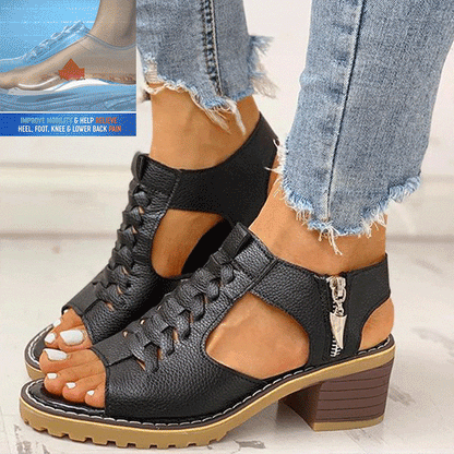Haisley | Cut-Out Leather Sandals with Low Block Heel