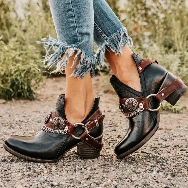 Calista | Western Buckled Chain-Accent Ankle Booties