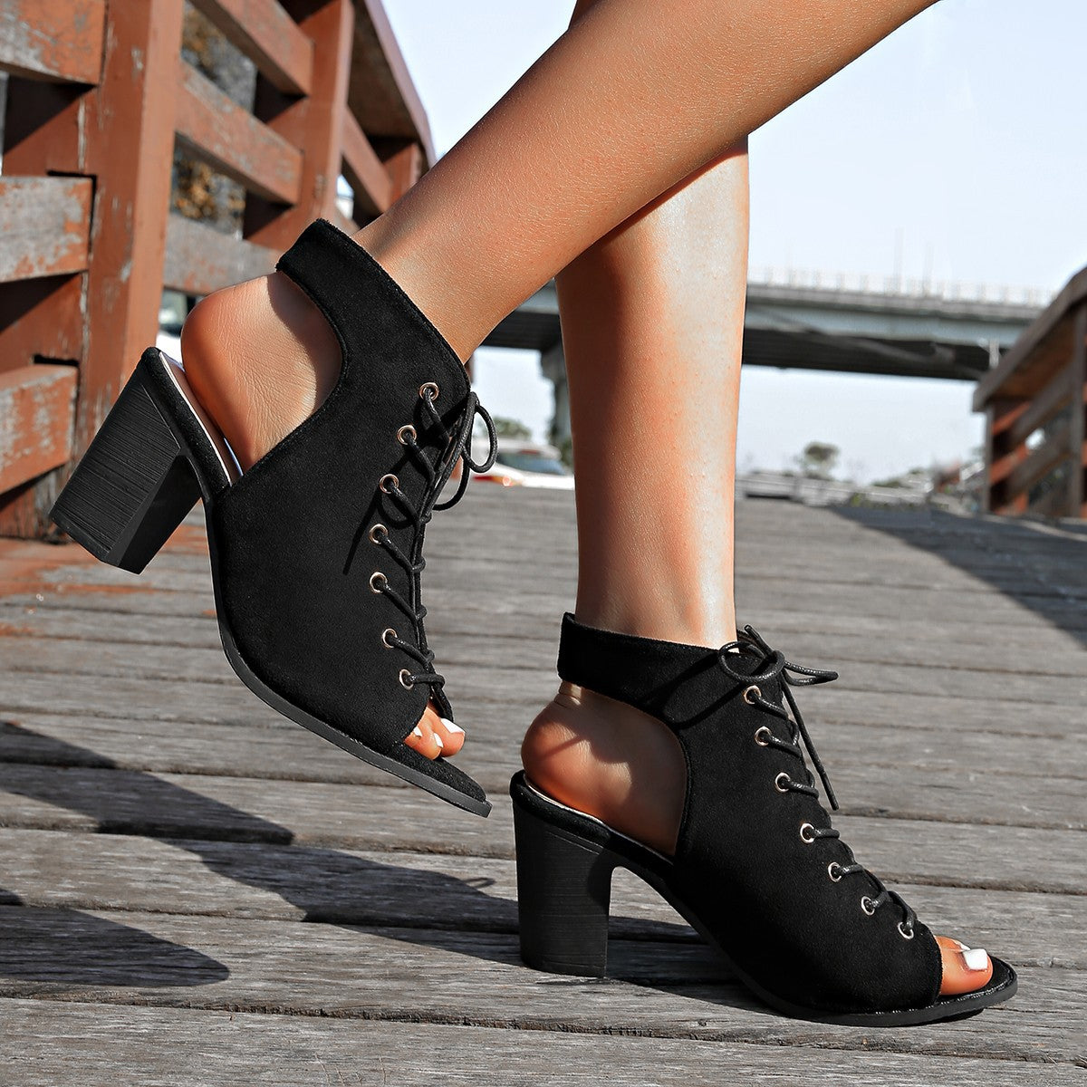 Orthopedic Balance Chunky Heel Lace-Up Sandals - Peep Toe