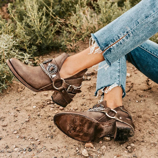 Calista | Western Buckled Chain-Accent Ankle Booties