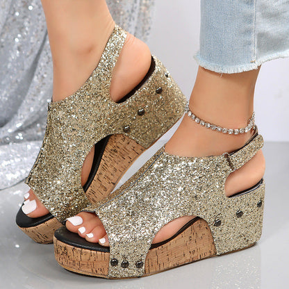 Orthopedic Balance Summer Chunky Heel Sandals With Sequins And Velcro