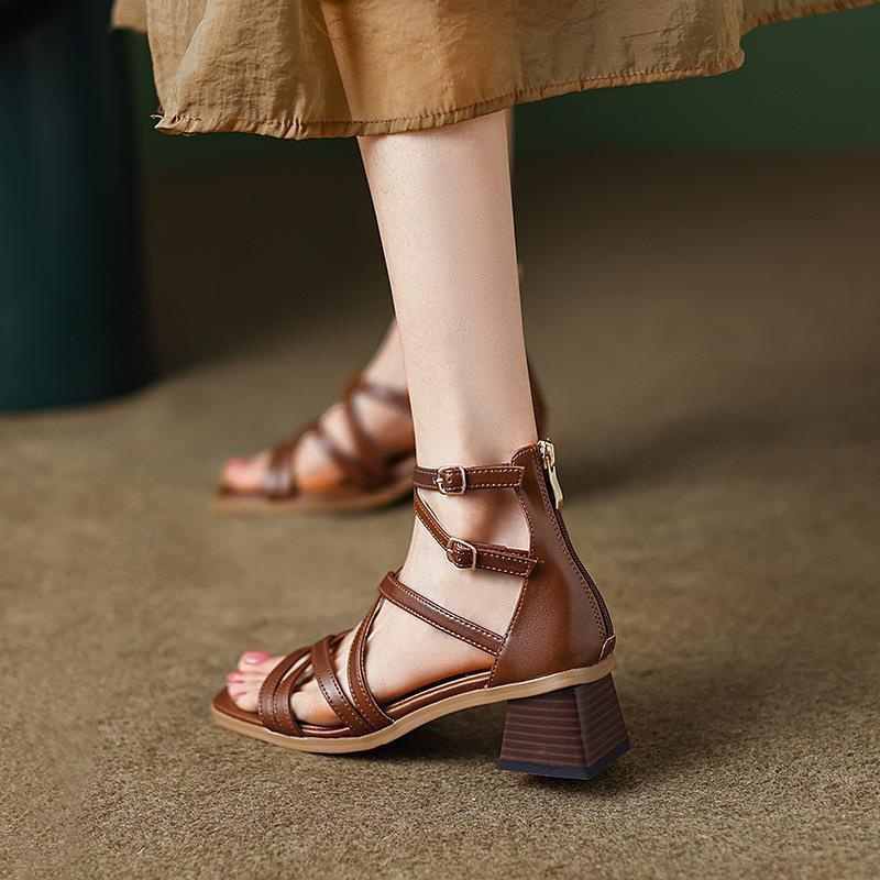 Orthopedic Balance Vintage Brown Heeled Sandals - Unique Elegance
