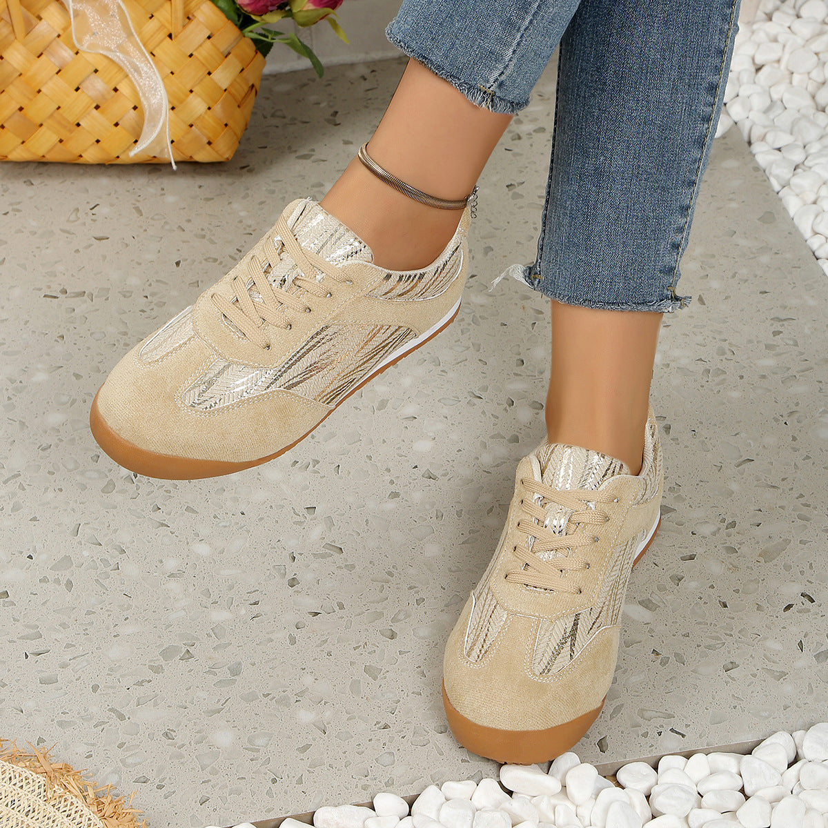 Laura | Beige Suede Pattern Sneakers – Casual Chic Comfort Shoes
