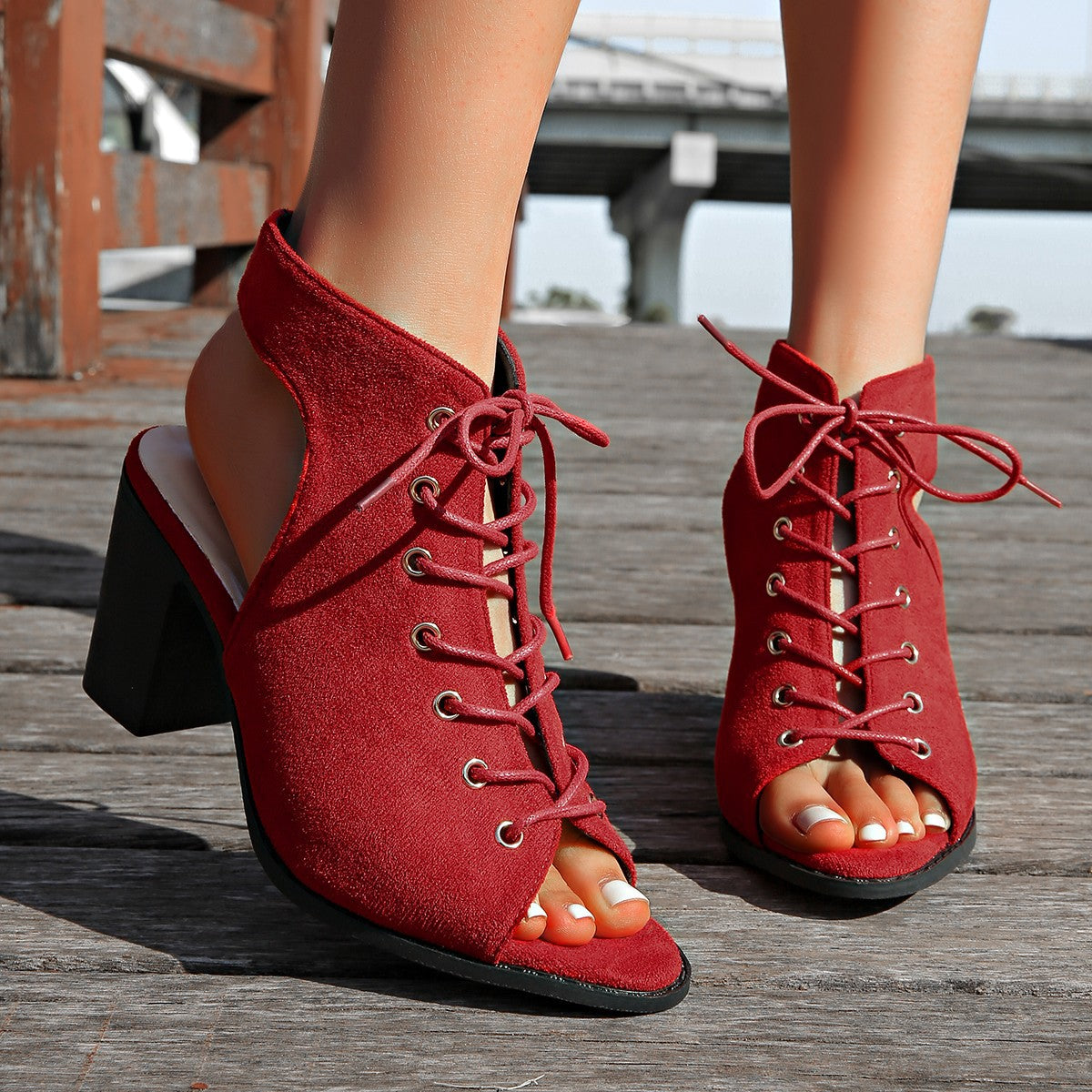Orthopedic Balance Chunky Heel Lace-Up Sandals - Peep Toe