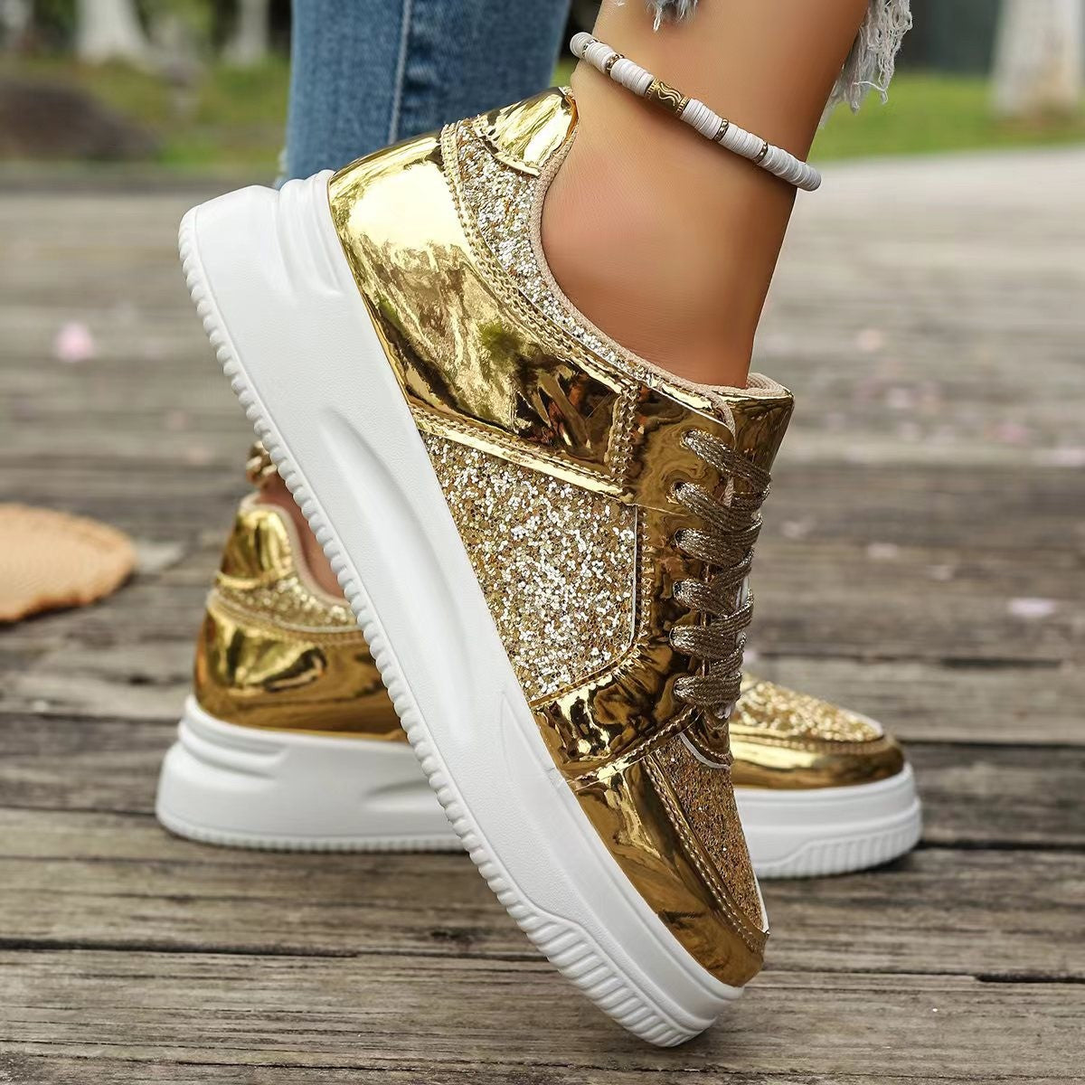 Orthopedic Balance Unique Sequined Lace-Up Flat Shoes