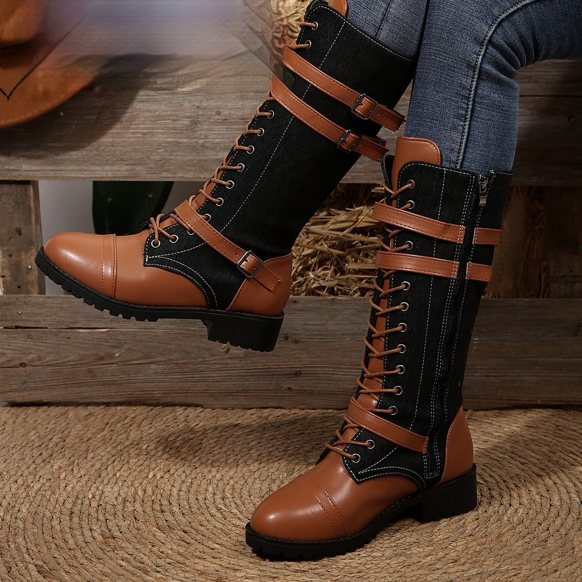 Lea | Round Toe Rivet Belt Buckle Square Heel Boots