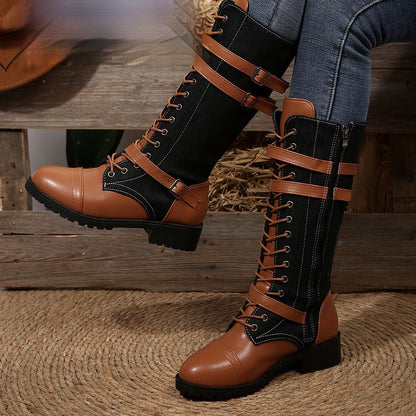 Lea | Round Toe Rivet Belt Buckle Square Heel Boots