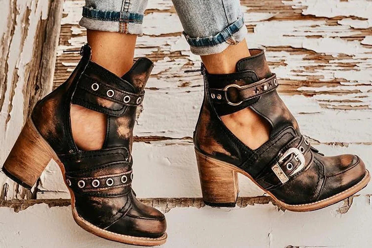 Taylen | Distressed Cutout Buckle Block-Heel Booties