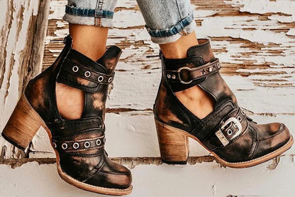 Taylen | Distressed Cutout Buckle Block-Heel Booties