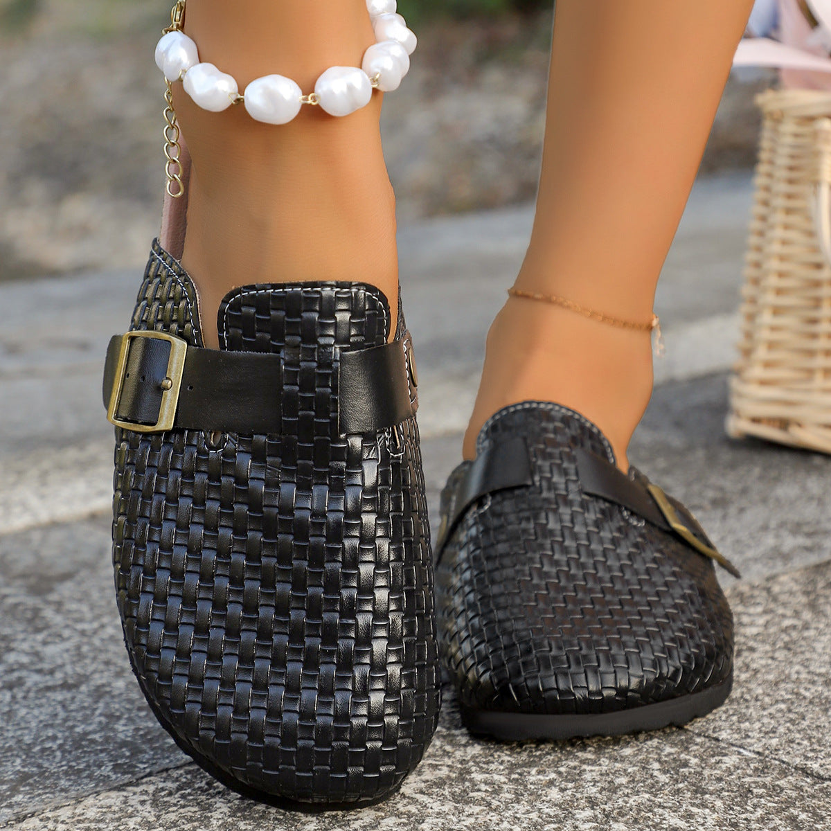 Orthopedic Balance Leather Mules With A Single Buckle And Cork Sole