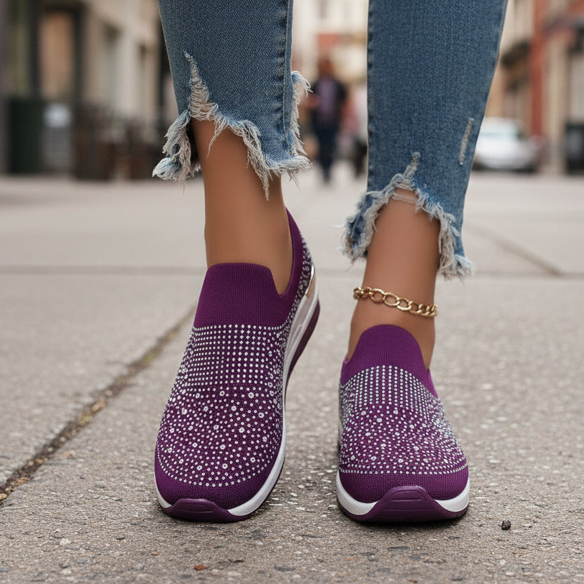 Orthopedic Balance Rhinestone Slip-On Sneakers – Sparkly Lightweight Walking Shoes