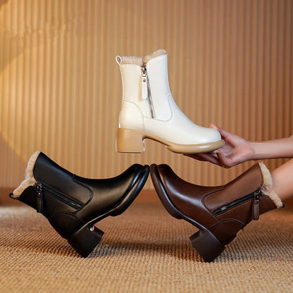 Clarisse | Fur-Lined Side-Zip Leather Heel Winter Boots
