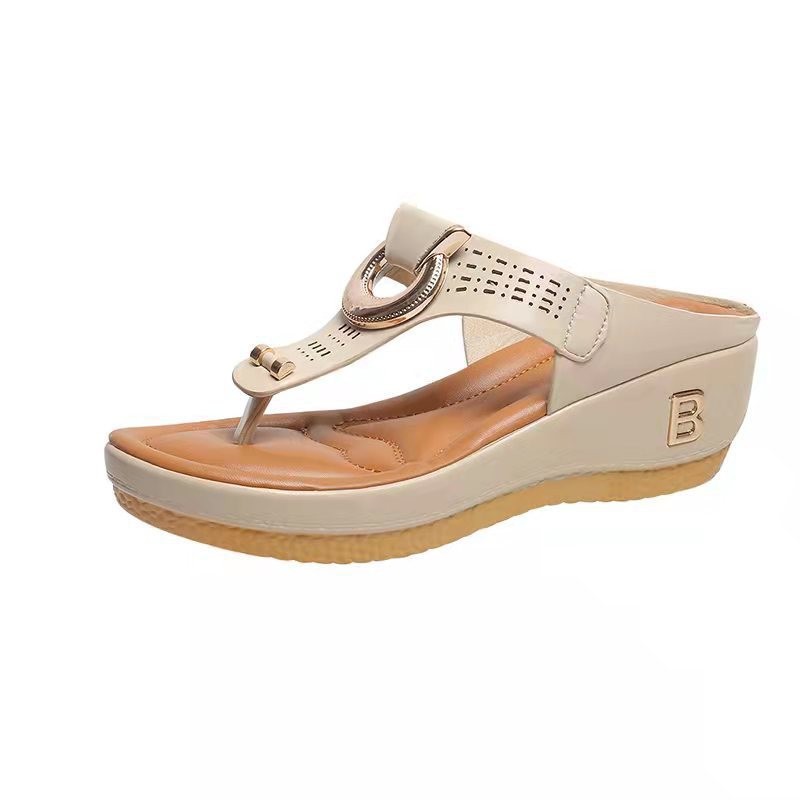 Orthopedic Balance High Heel Thong Sandals With Metallic Decorations