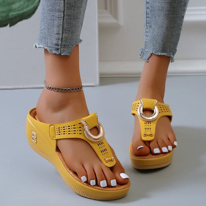 Orthopedic Balance High Heel Thong Sandals With Metallic Decorations