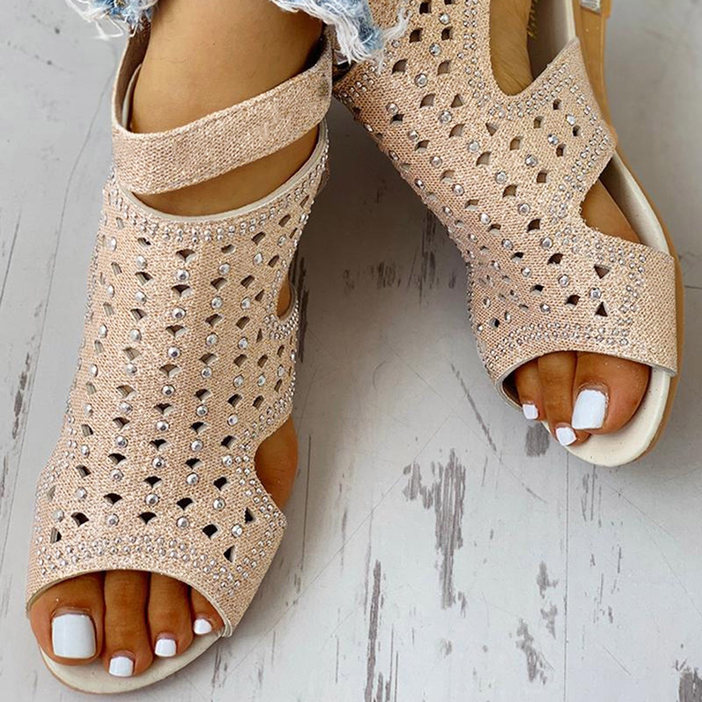 Orthopedic Balance Summer Rhinestone Sandals With A Unique Back Zip Design